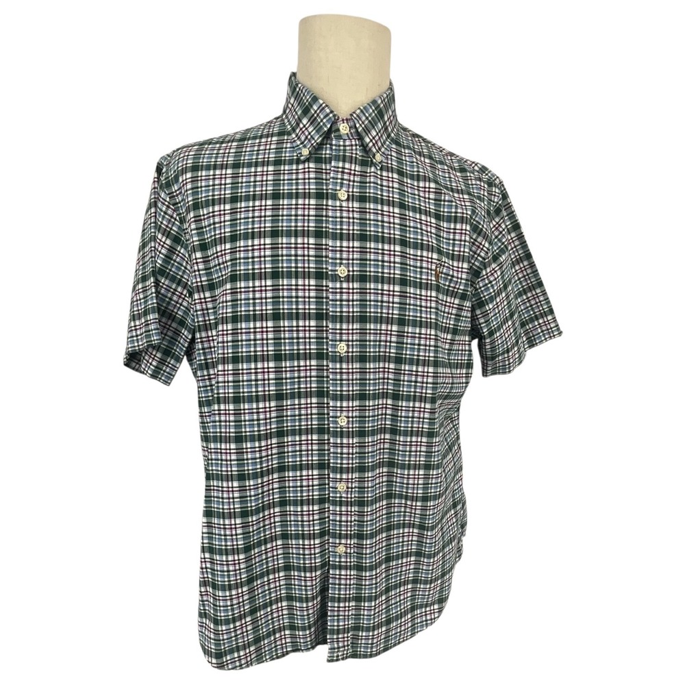 Ralph Lauren Mens Slim Fit Plaid Short Sleeve Button Down Shirt‎ Green Blue XL
